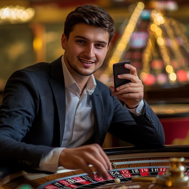 keluar sidney live casino studio on mobile screen showing Roulette and Blackjack tables with dealers